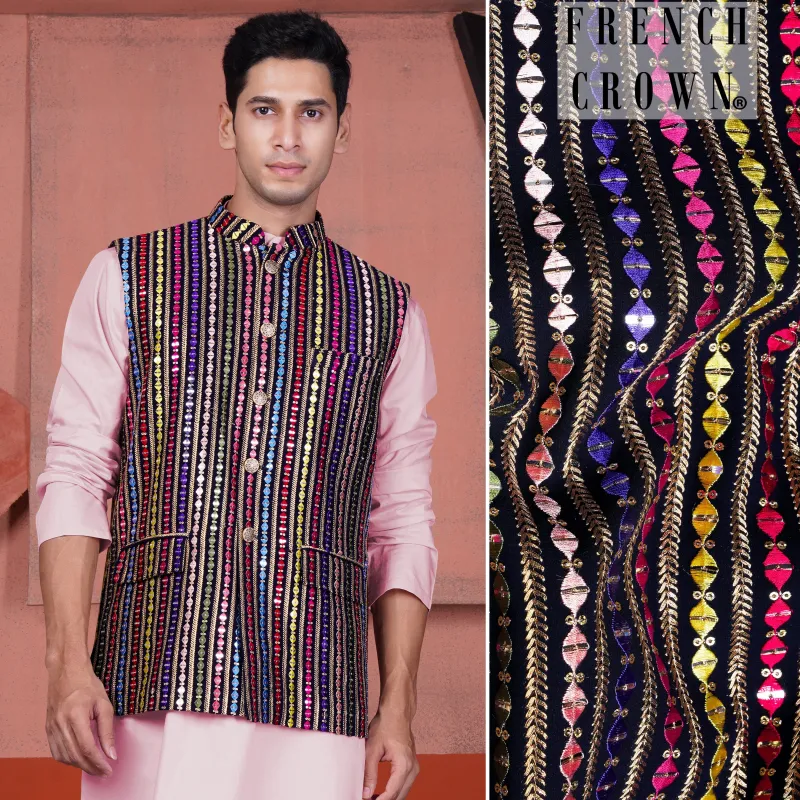 Ebony Blue and Cerise Pink Vertical Thread and Sequin Embroidered Designer Nehru Jacket sold by French Crown