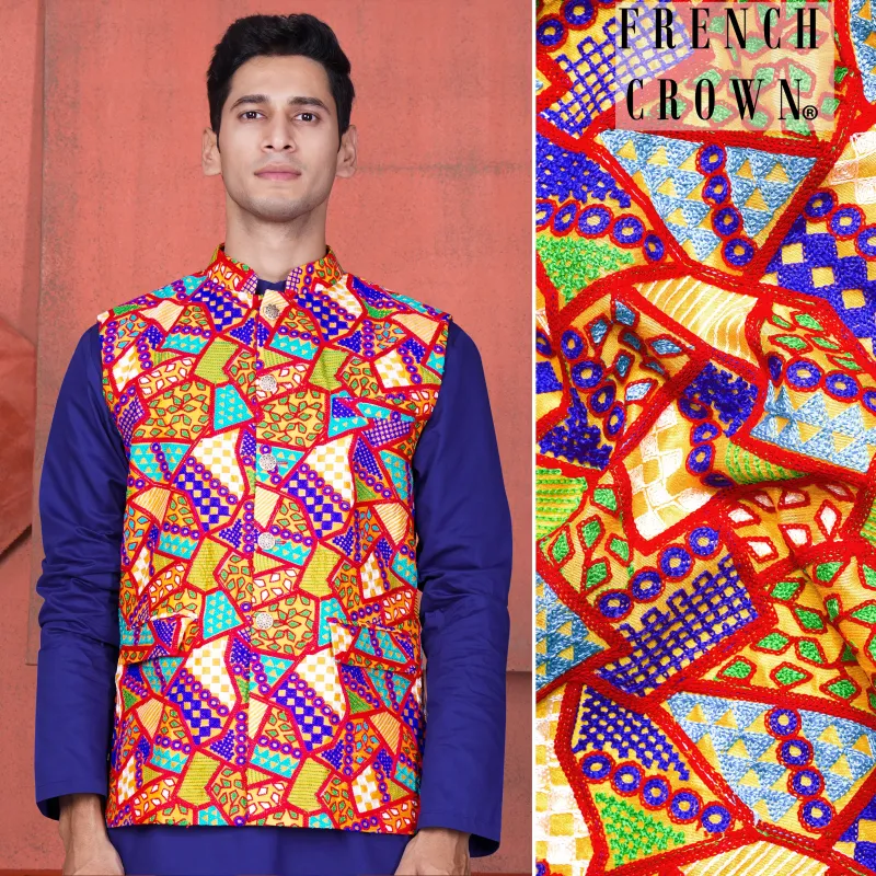 Carmine Red with Amber Yellow Multicolour Cotton Thread Embroidered Designer Nehru Jacket sold by French Crown