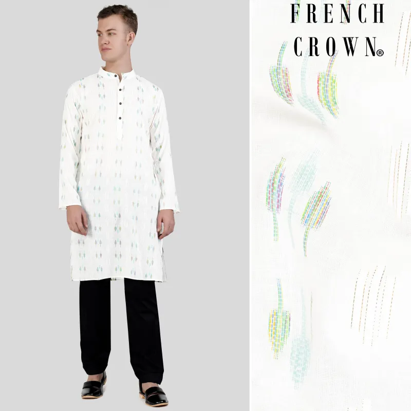 Bright White with colorful Leaves Jacquard Textured Premium Giza Cotton Kurta Set sold by French Crown
