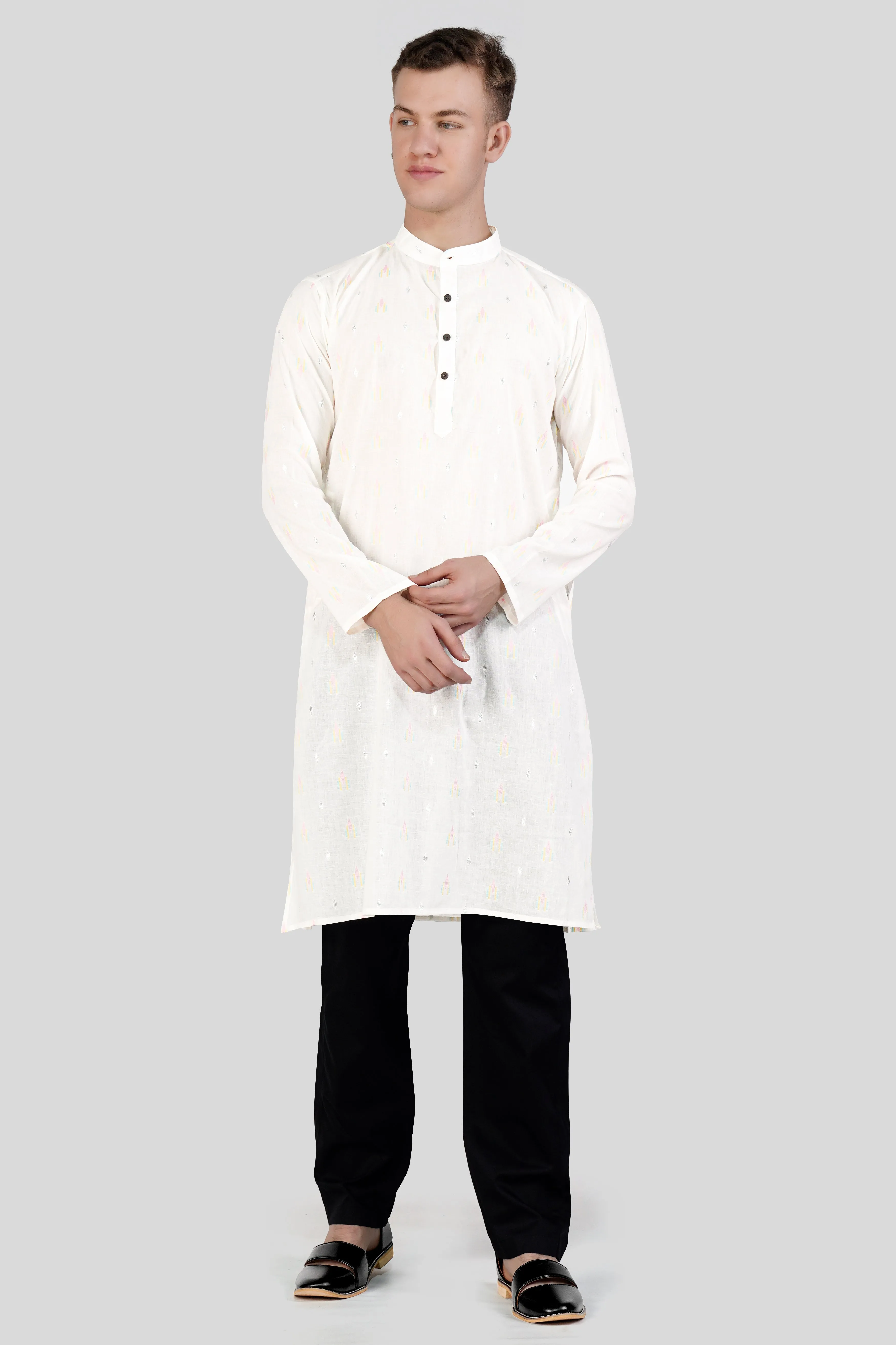Off White colorful and silver Jacquard Textured Premium Giza Cotton Kurta Set sold by French Crown product image thumbnail 2