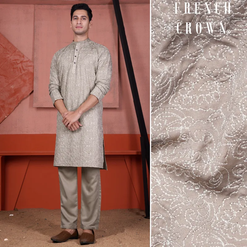 Dawn Brown Floral Cotton Thread Embroidered Viscose Designer Kurta Set sold by French Crown