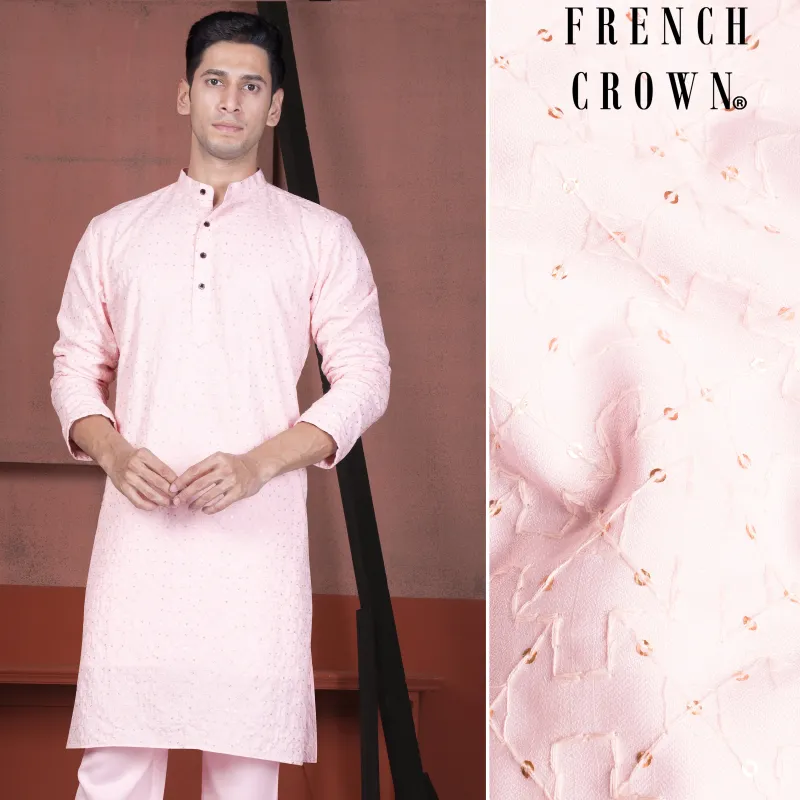 Blush Peach Viscose Embroidered With Tikki Work Designer Kurta sold by French Crown
