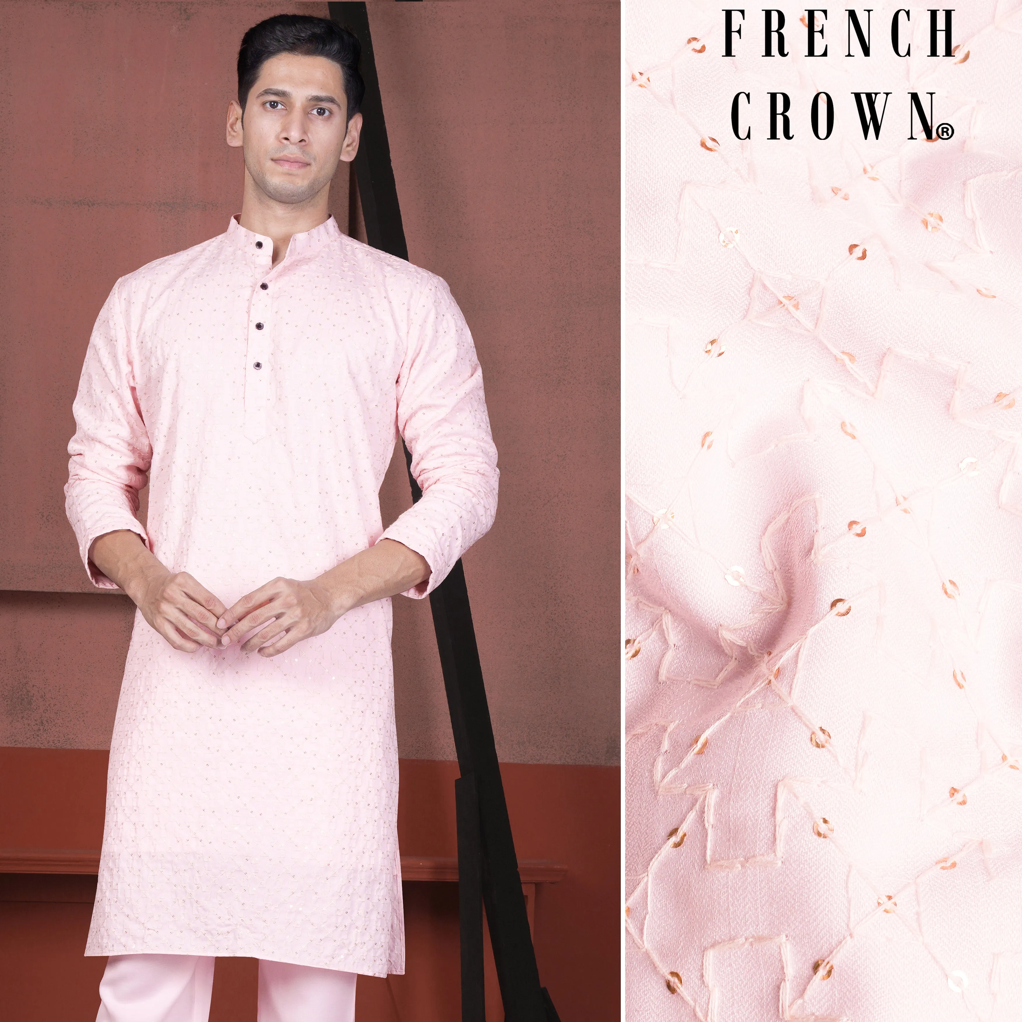 Blush Peach Viscose Embroidered With Tikki Work Designer Kurta sold by French Crown