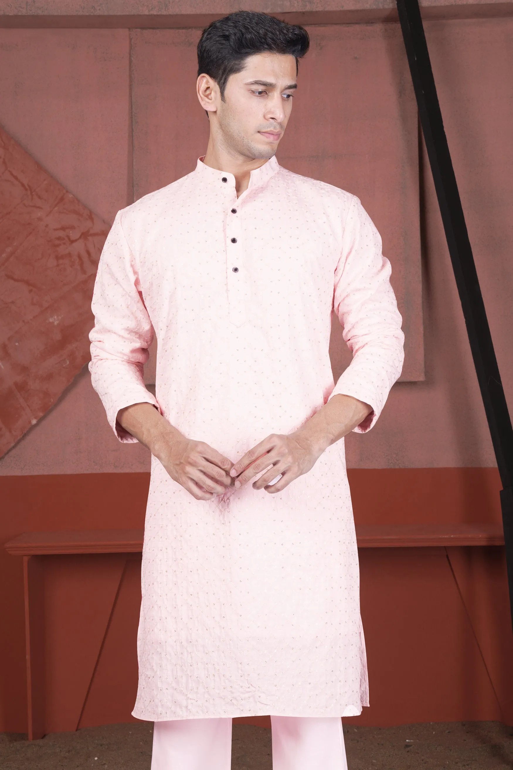 Blush Peach Viscose Embroidered With Tikki Work Designer Kurta sold by French Crown product image thumbnail 5