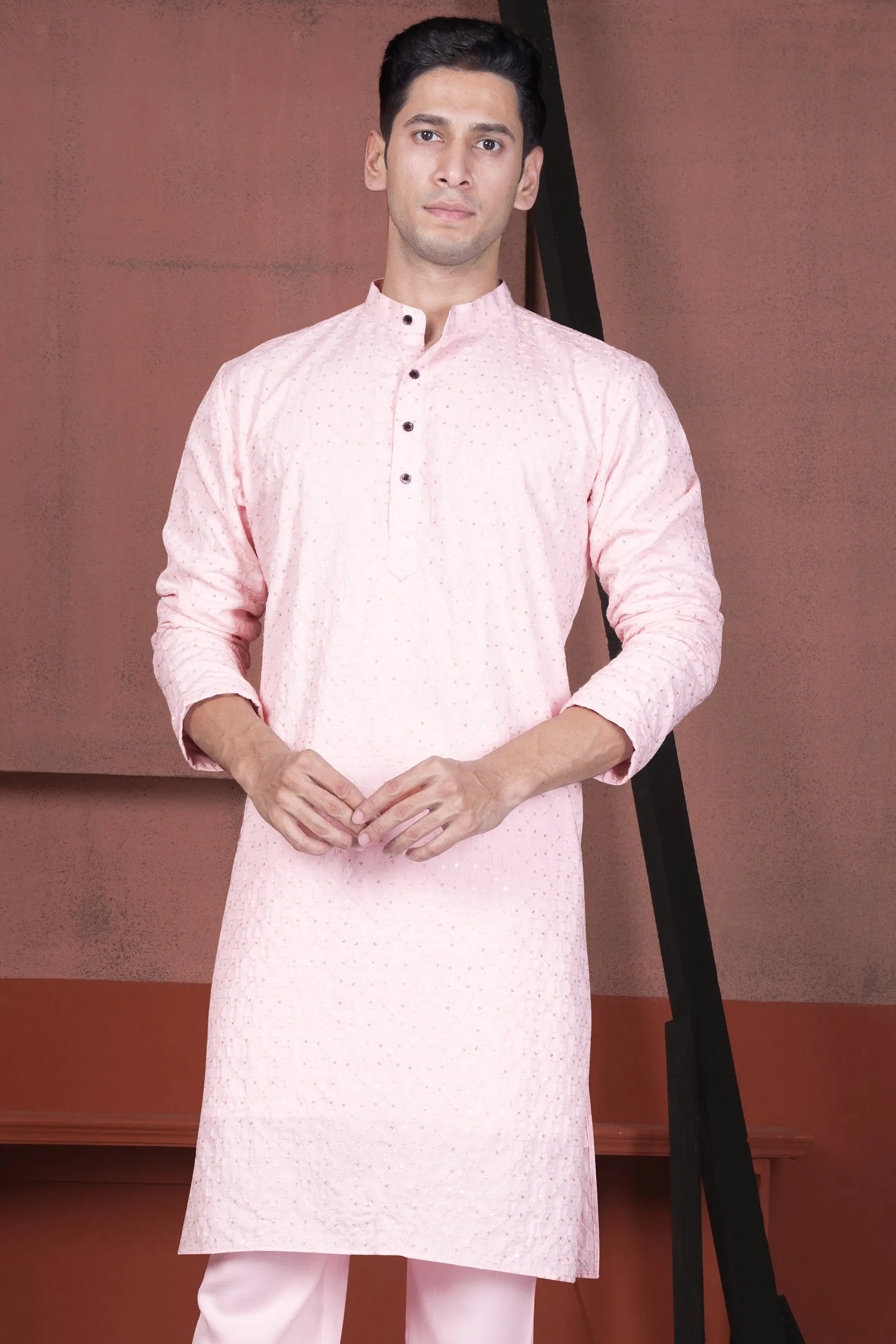 Blush Peach Viscose Embroidered With Tikki Work Designer Kurta sold by French Crown product image thumbnail 2