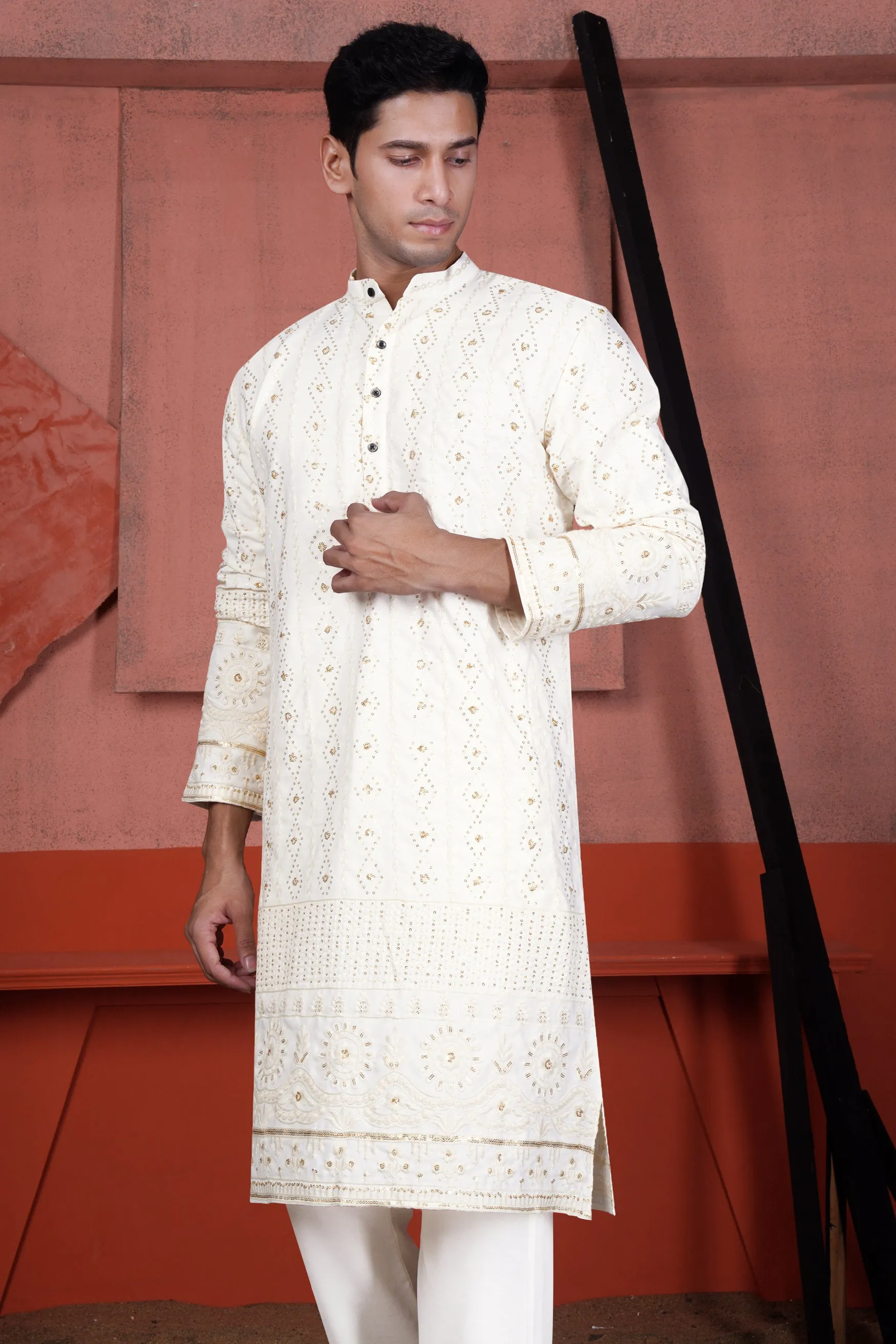 Ecru Cream Viscose Embroidered with Tikki Work Designer Kurta sold by French Crown product image thumbnail 5