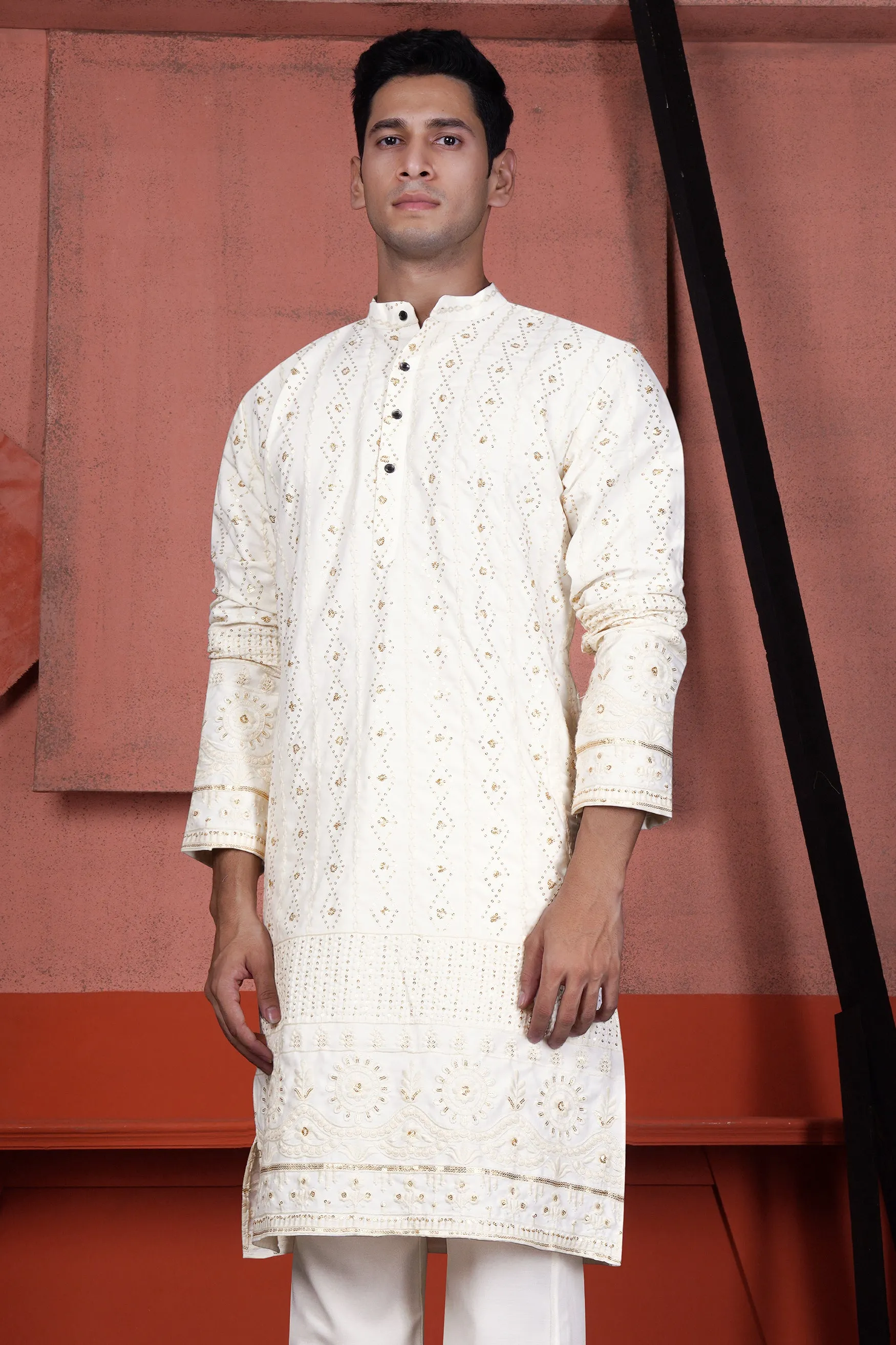 Ecru Cream Viscose Embroidered with Tikki Work Designer Kurta sold by French Crown product image thumbnail 2