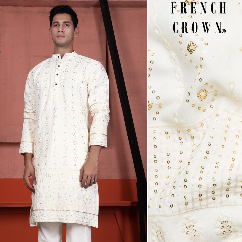 Ecru Cream Viscose Embroidered with Tikki Work Designer Kurta sold by French Crown