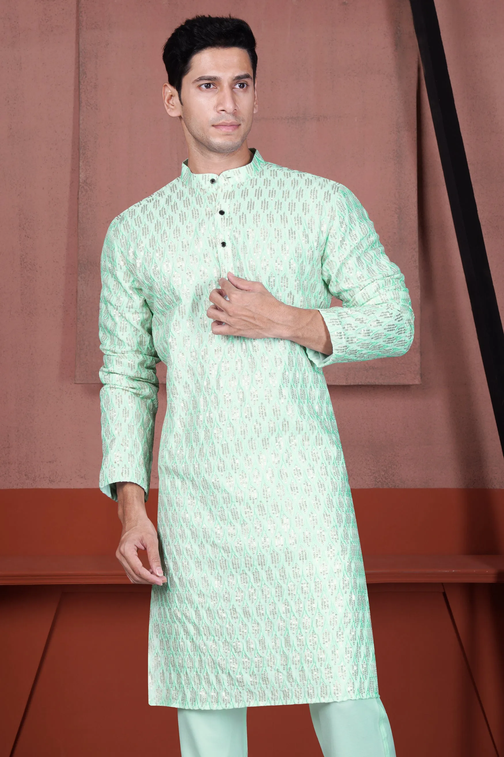 Edgewater Green Viscose Embroidered with Tikki Work Designer Kurta sold by French Crown product image thumbnail 5