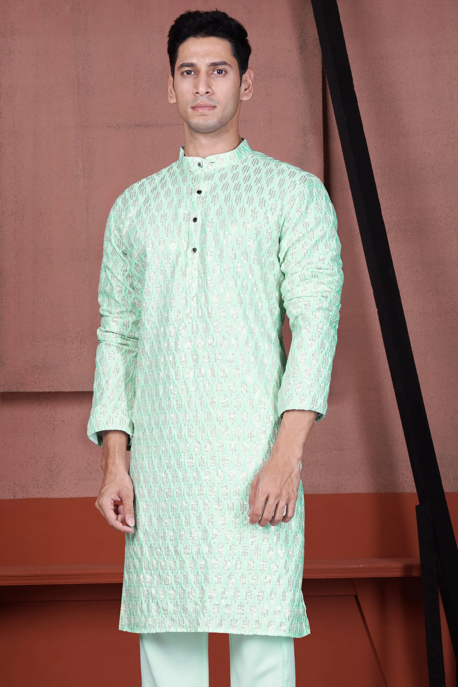 Edgewater Green Viscose Embroidered with Tikki Work Designer Kurta sold by French Crown product image thumbnail 2
