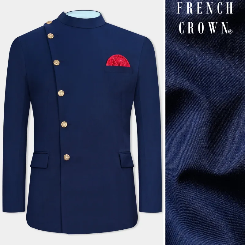 Cloud Burst Blue Cross Placket Wool Rich Bandhgala Blazer sold by French Crown