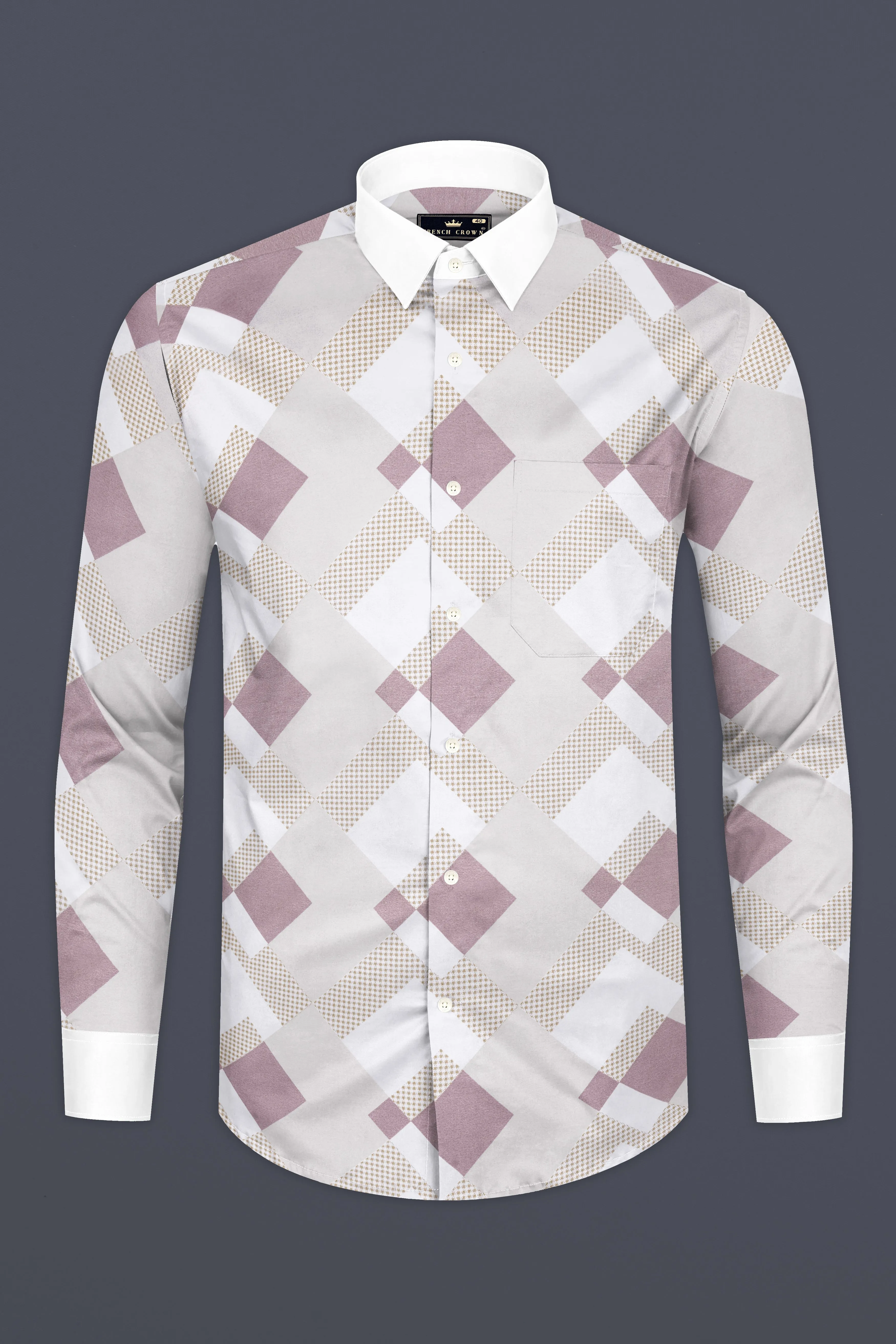 Ghost Gray and Blossom Pink Printed with White Cuffs and Collar Subtle Sheen Super Soft Premium Cotton Shirt sold by French Crown product image thumbnail 5
