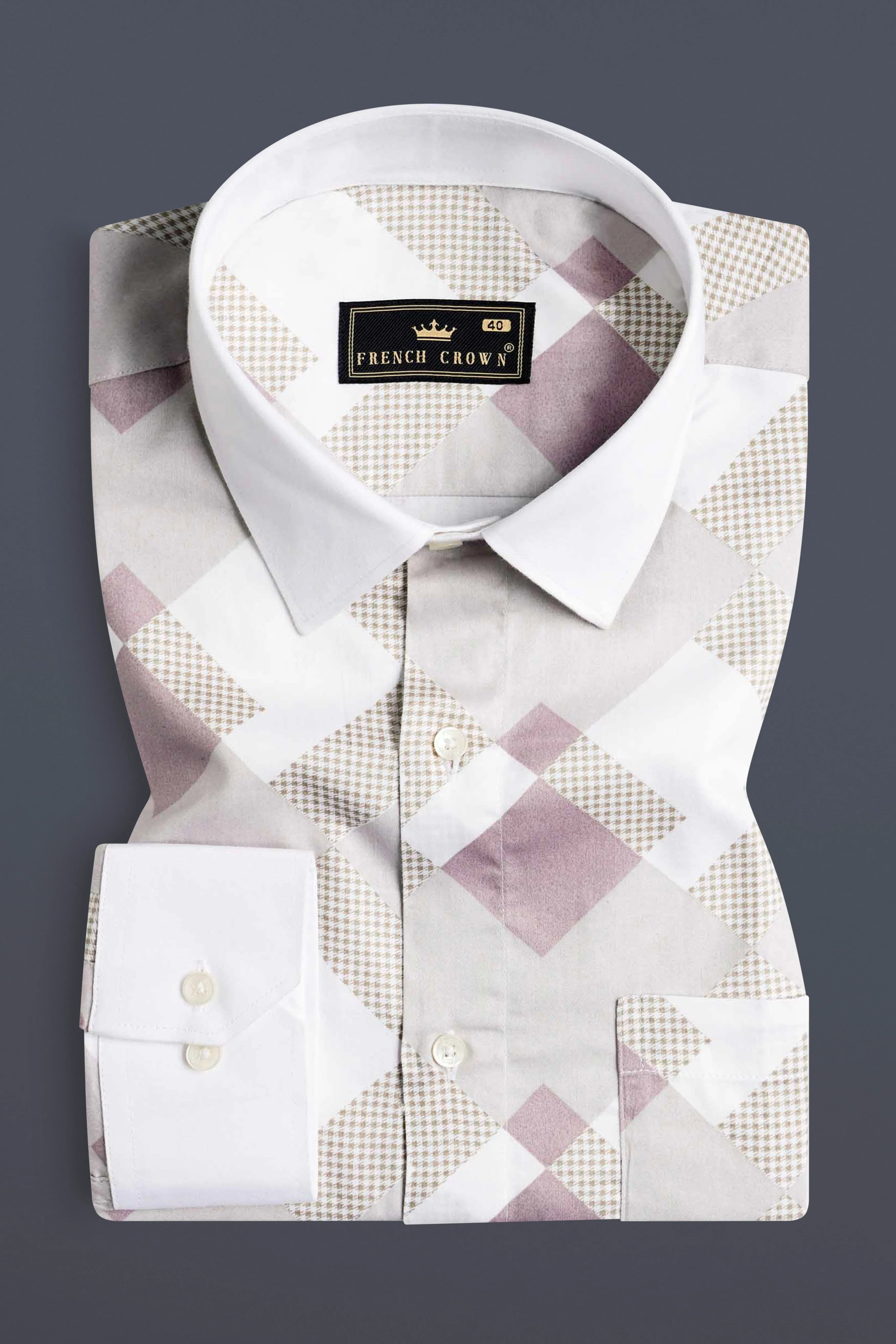 Ghost Gray and Blossom Pink Printed with White Cuffs and Collar Subtle Sheen Super Soft Premium Cotton Shirt sold by French Crown product image thumbnail 2