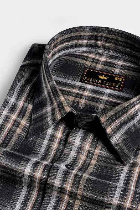 Jade Black and Flint Brown Twill Plaid Premium Cotton Shirt sold by French Crown