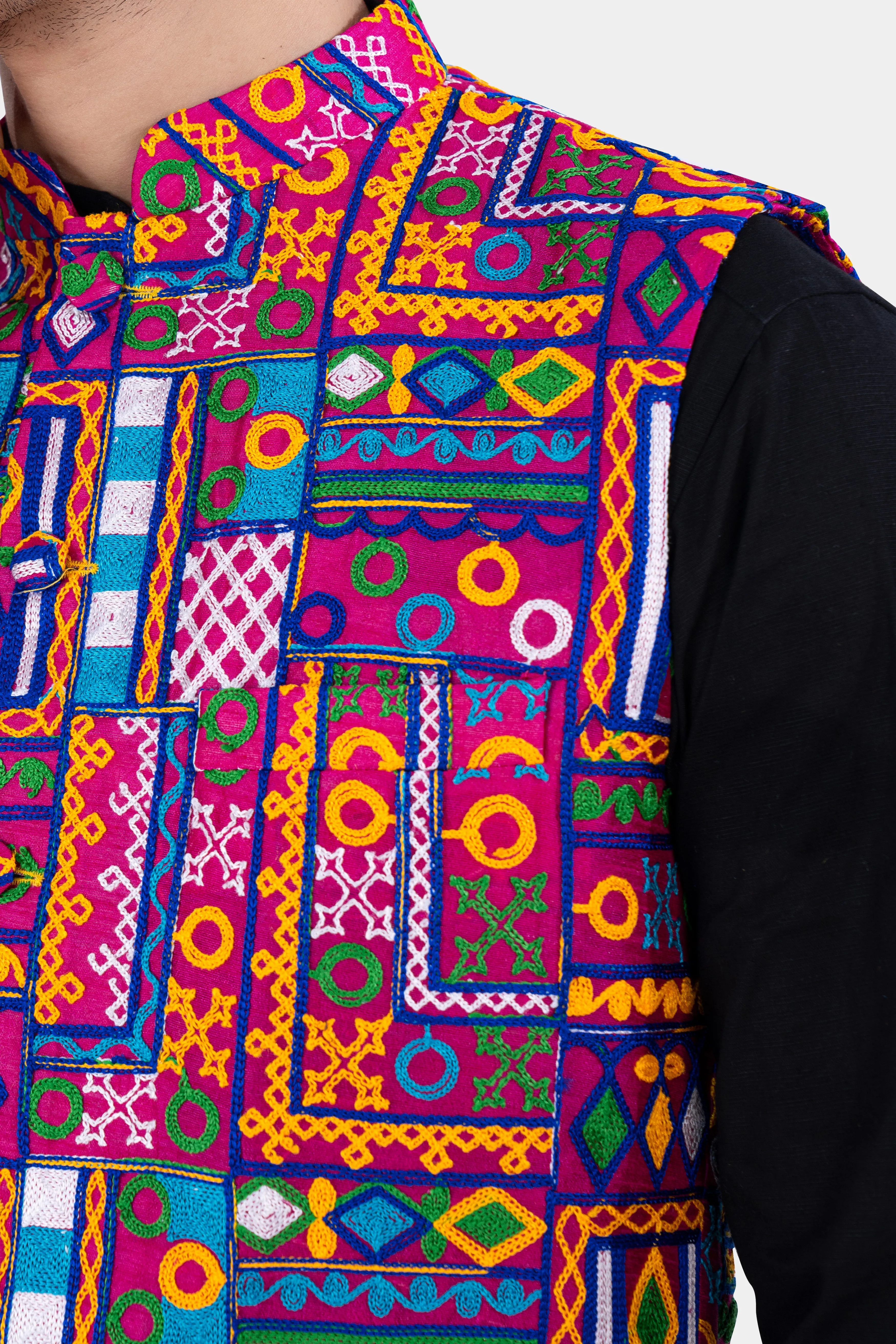 Fuchsia Pink and Smalt Blue Multicolour Cotton Thread Embroidered Nehru Jacket sold by French Crown product image thumbnail 4