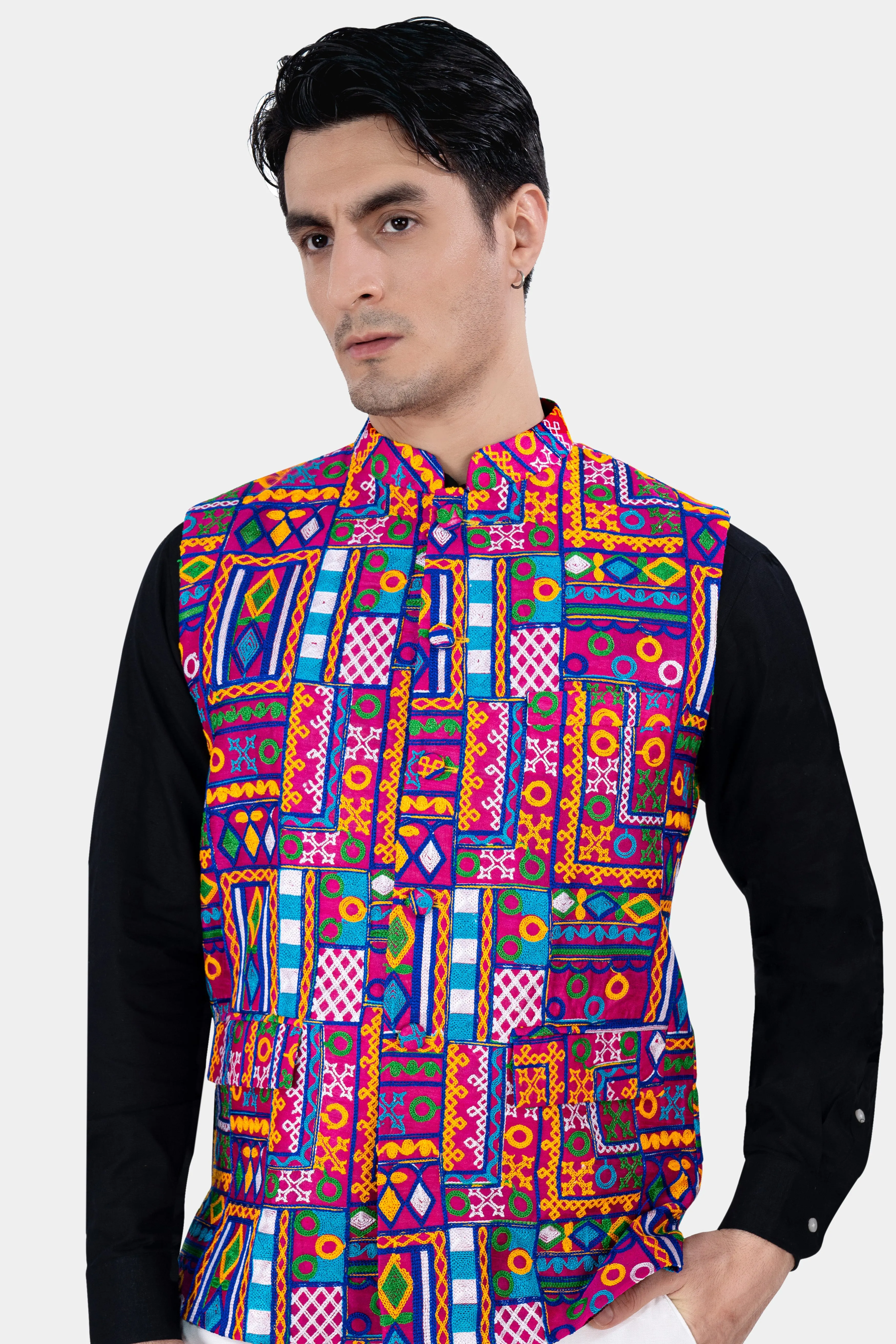 Fuchsia Pink and Smalt Blue Multicolour Cotton Thread Embroidered Nehru Jacket sold by French Crown product image thumbnail 2