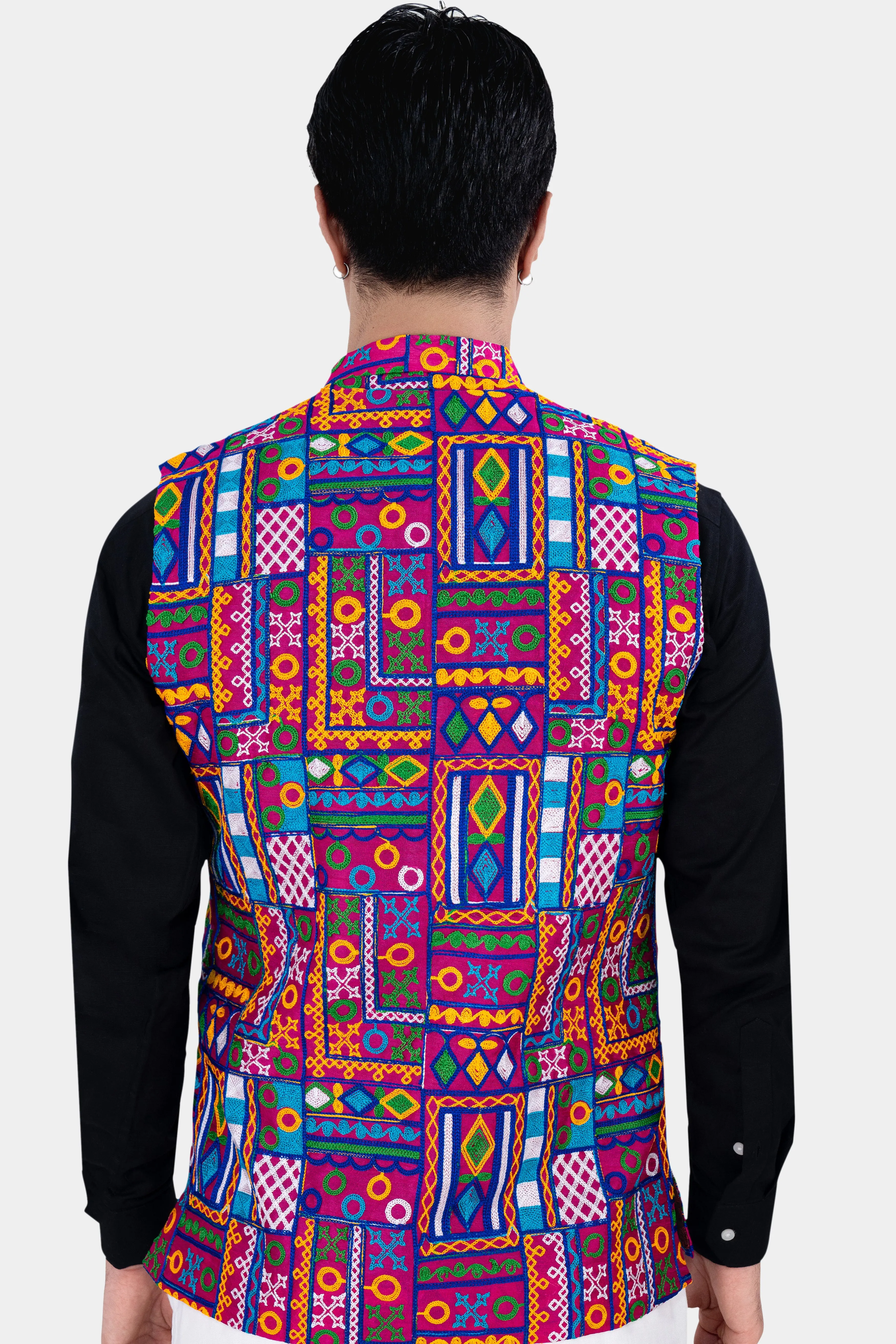 Fuchsia Pink and Smalt Blue Multicolour Cotton Thread Embroidered Nehru Jacket sold by French Crown product image thumbnail 5