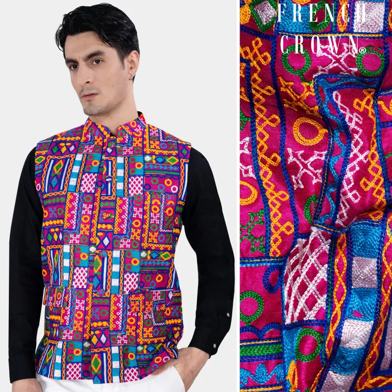 Fuchsia Pink and Smalt Blue Multicolour Cotton Thread Embroidered Nehru Jacket sold by French Crown