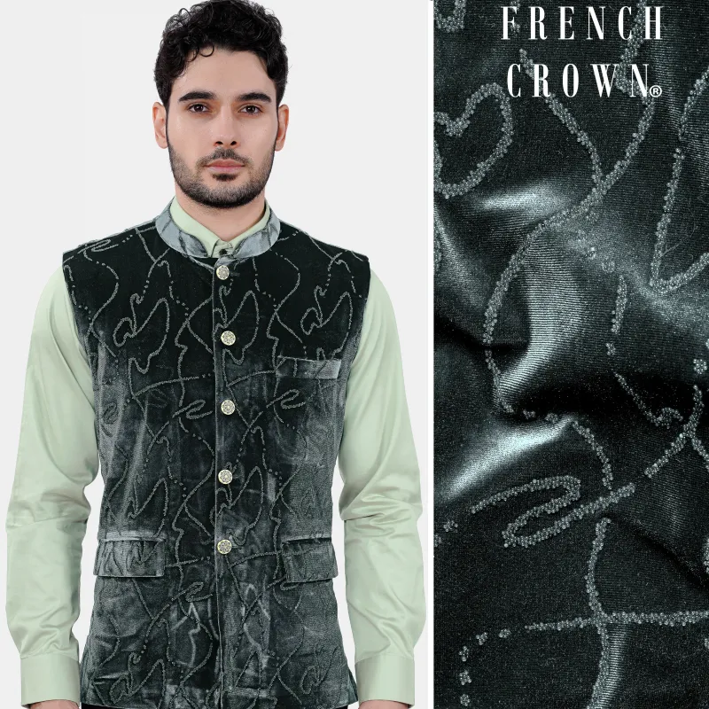 Kombu Green Stonework Velvet Designer Nehru Jacket sold by French Crown