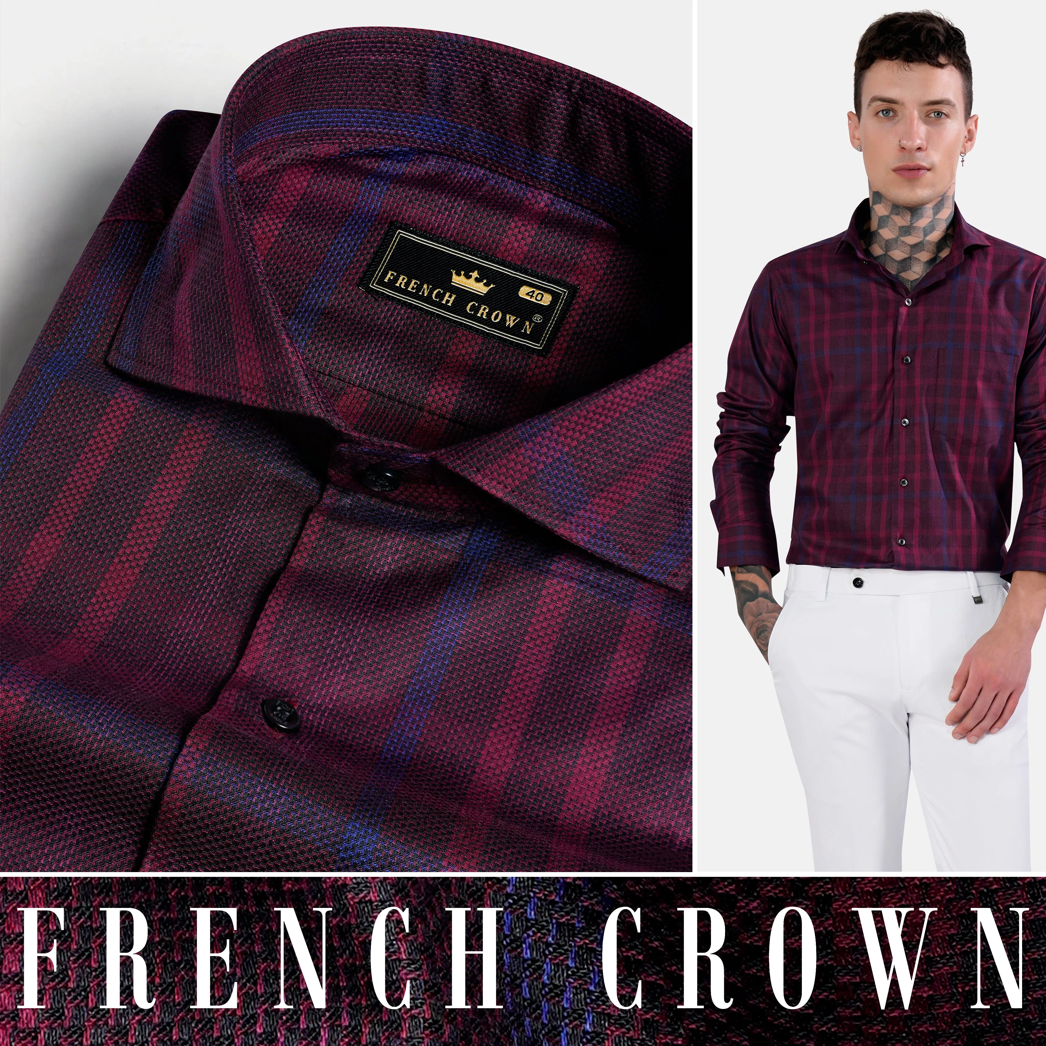 Magenta Maroon and CloudBurst Blue Dobby Textured Premium Giza Cotton Shirt sold by French Crown product image thumbnail 4