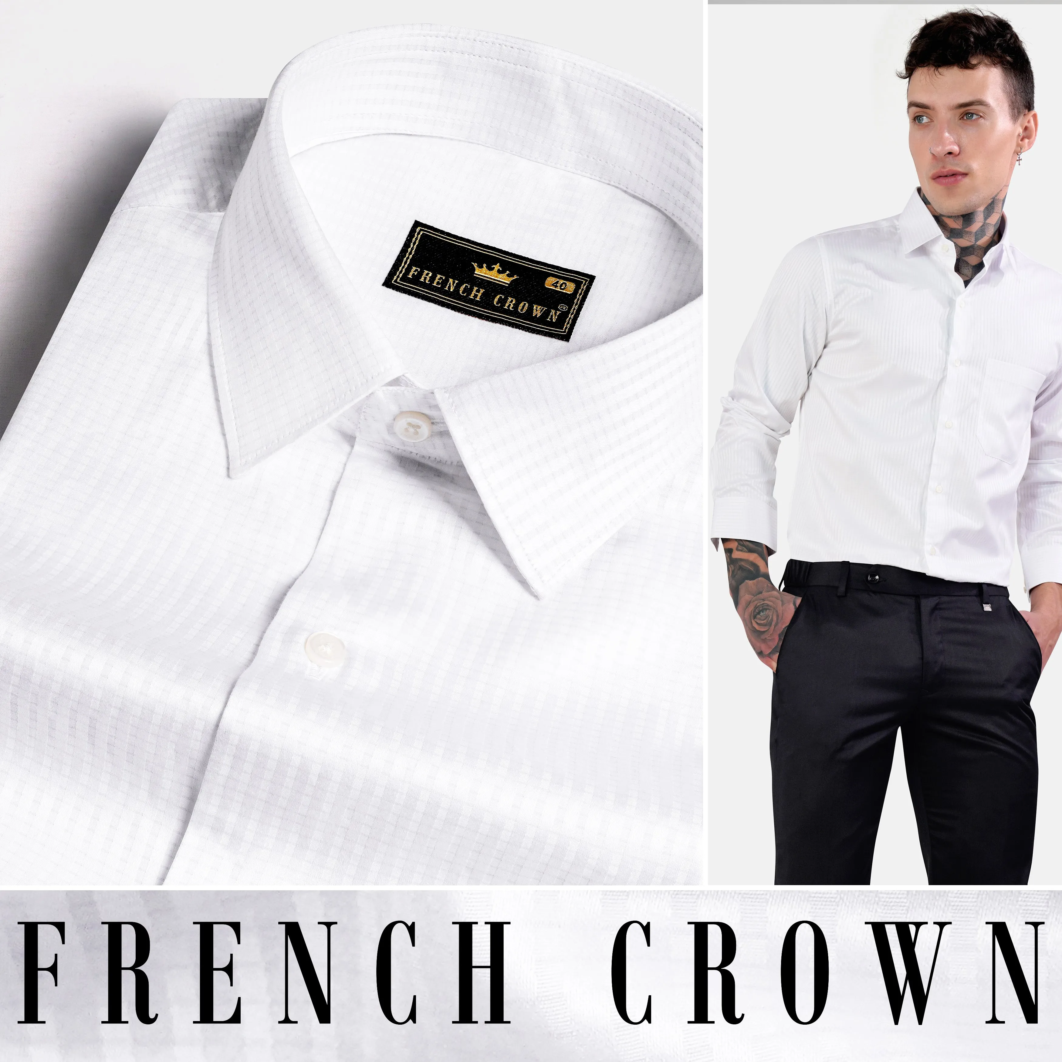 Bright White Dobby Textured Premium Giza Cotton Shirt sold by French Crown product image thumbnail 4