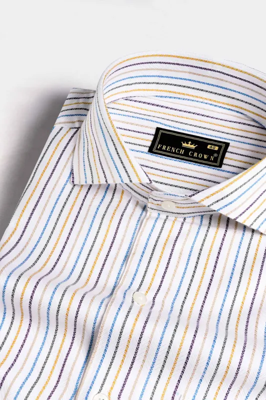 Bright White Multicolour Striped Dobby Textured Premium Giza Cotton Shirt sold by French Crown