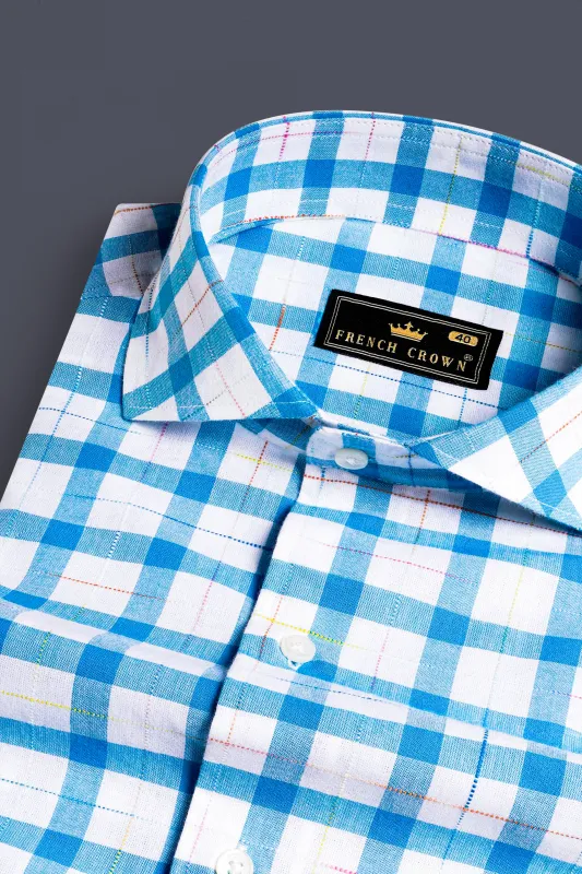 Bright White and Picton Blue Checkered Dobby Textured Premium Giza Cotton Shirt sold by French Crown