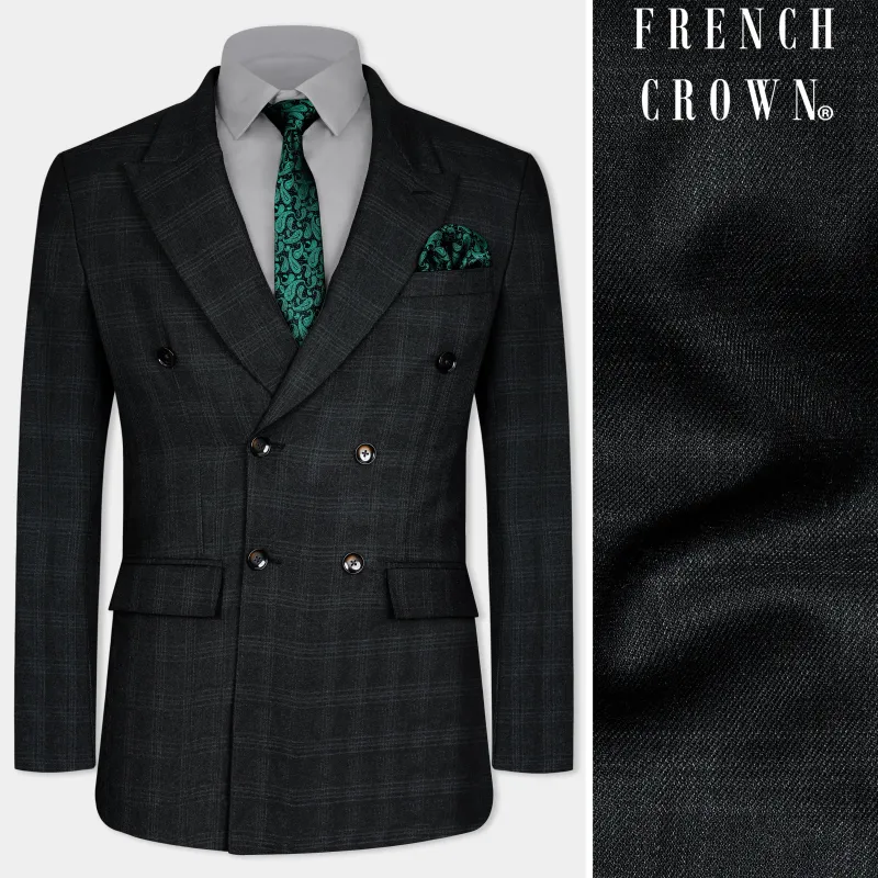 Onyx Black Subtle Checkered Wool Rich Double Breasted Blazer sold by French Crown