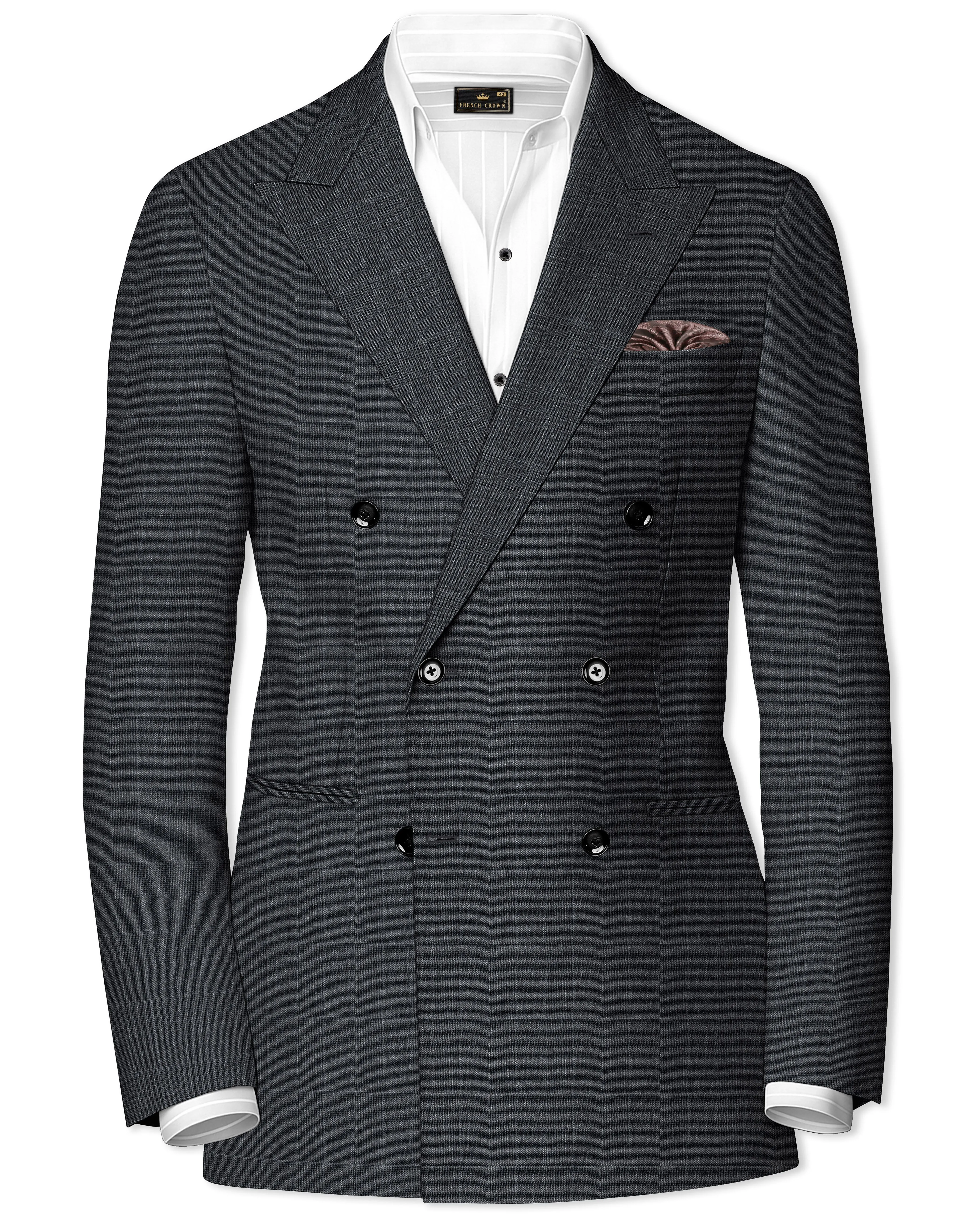 Flint Gray Subtle Checkered Wool Rich Double Breasted Blazer sold by French Crown