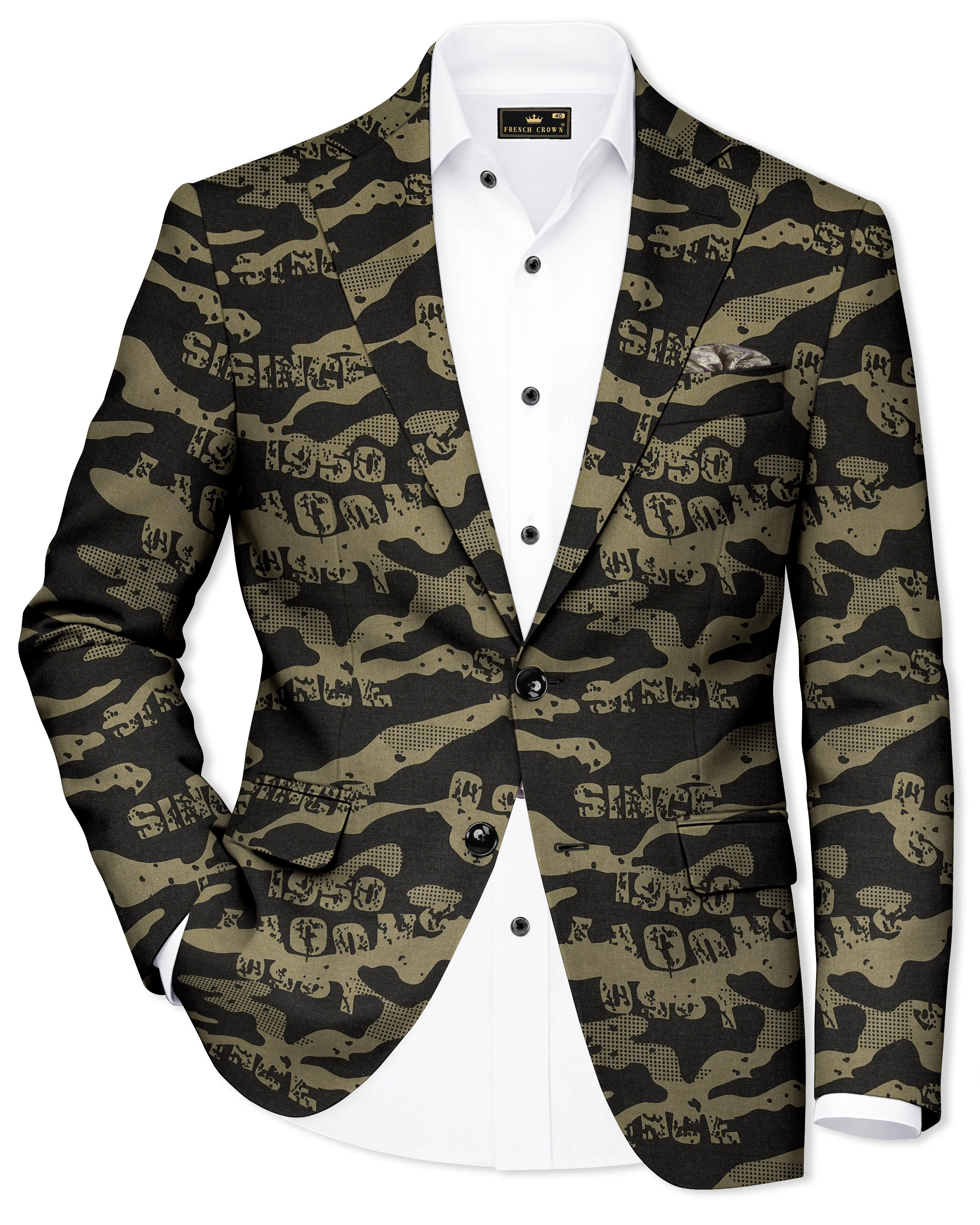 Jade Black and Woodland Green Printed Premium Cotton Single-Breasted Blazer sold by French Crown