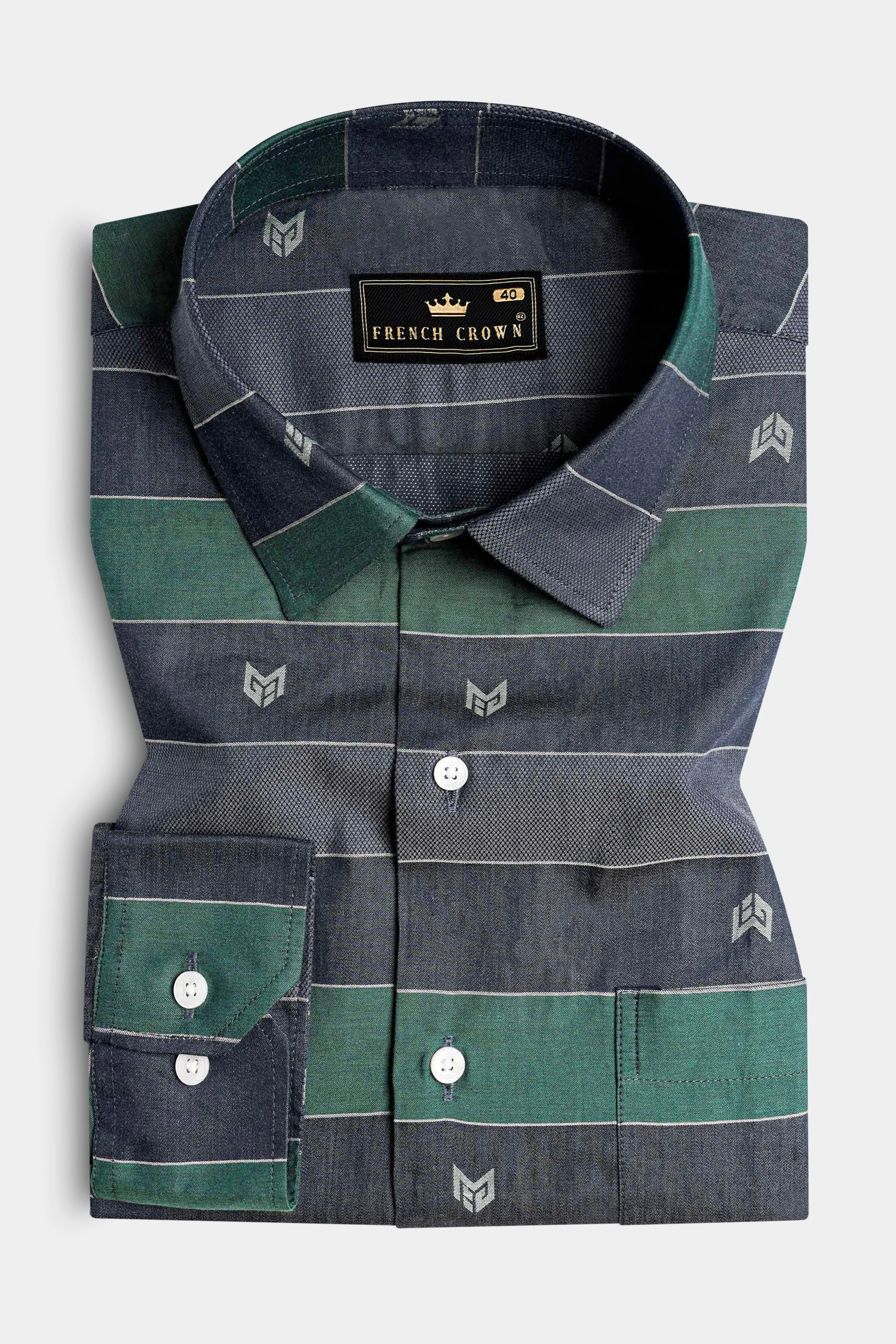Charade Blue with Viridian Green Striped Jacquard Textured Premium Giza Cotton Shirt sold by French Crown product image thumbnail 3