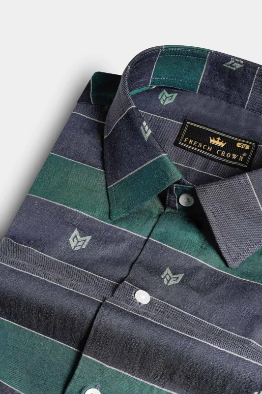 Charade Blue with Viridian Green Striped Jacquard Textured Premium Giza Cotton Shirt made by French Crown