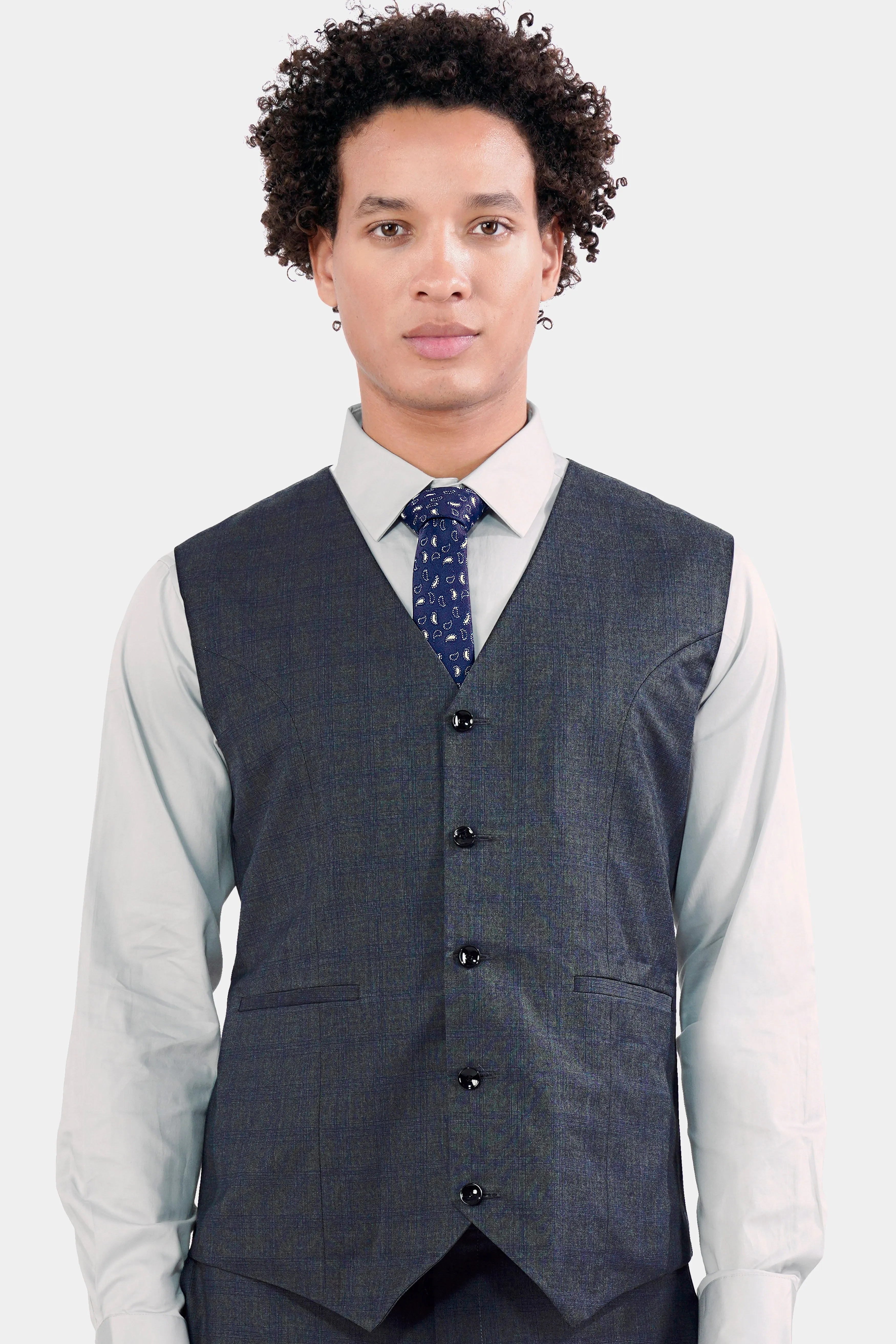 Capecod Gray and Delft Blue Subtle Checkered Wool Rich Waistcoat sold by French Crown product image thumbnail 2
