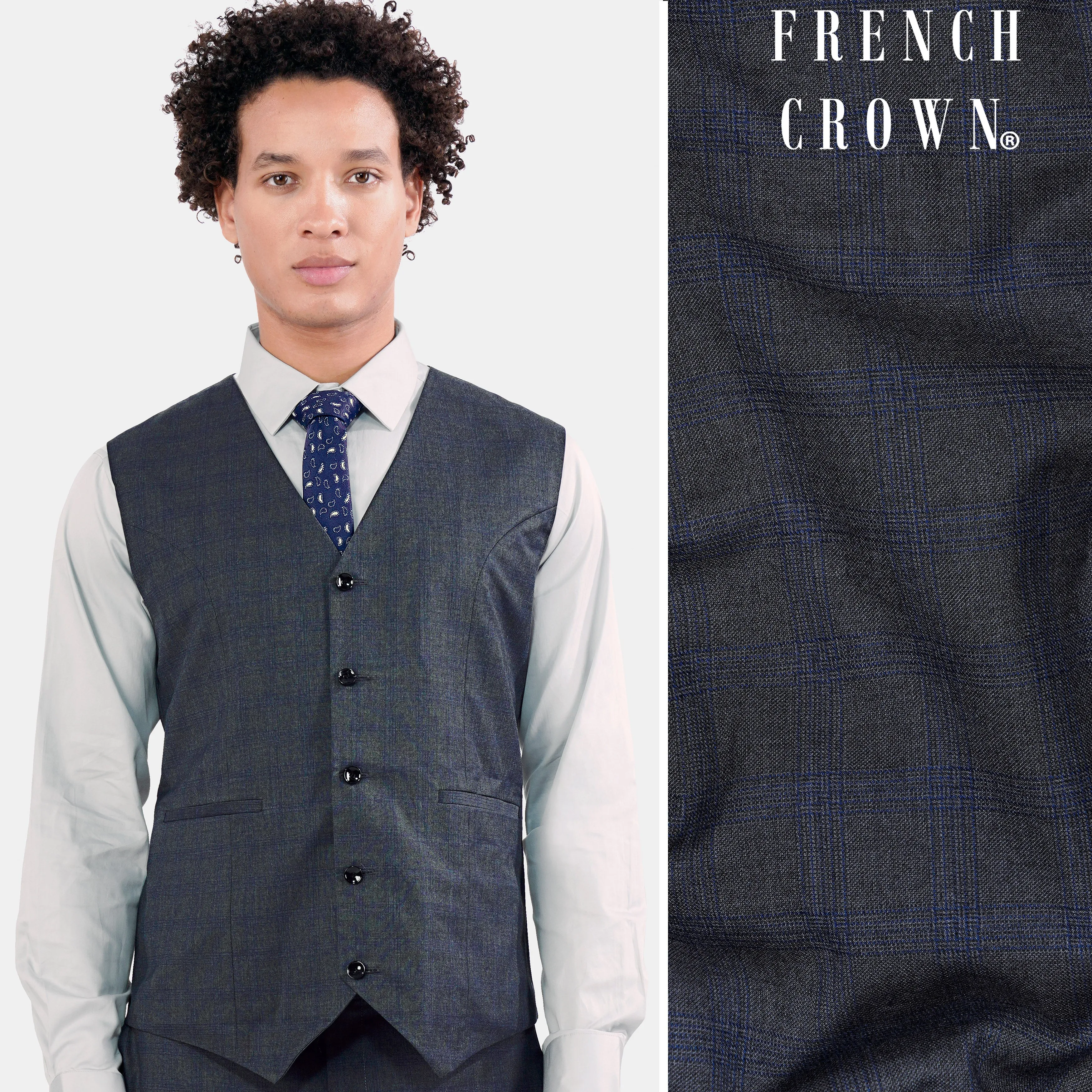 Capecod Gray and Delft Blue Subtle Checkered Wool Rich Waistcoat sold by French Crown