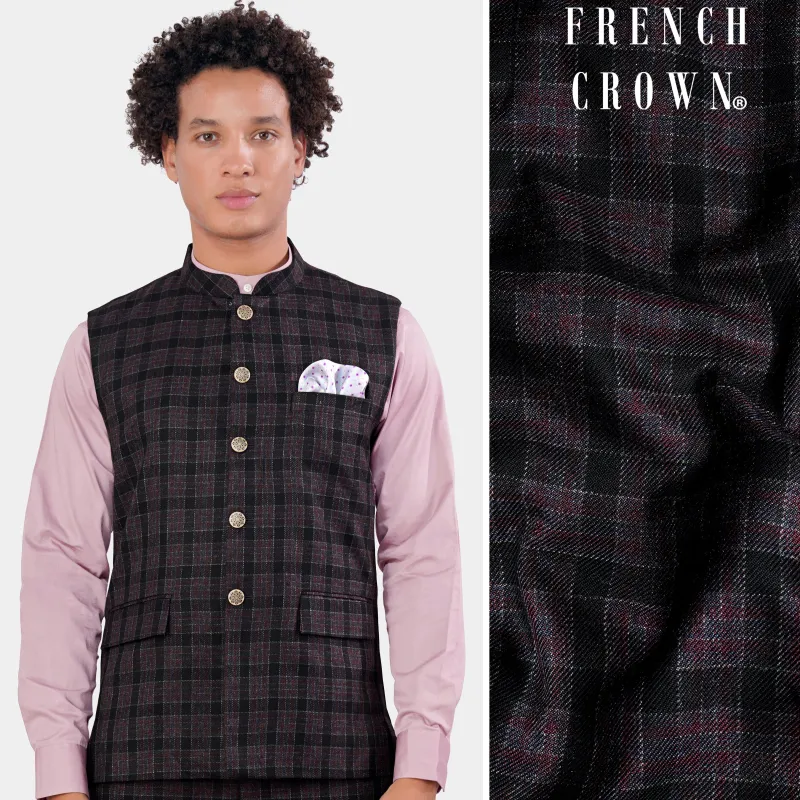 Byzantium Pink and Black Tweed Plaid Nehru Jacket sold by French Crown
