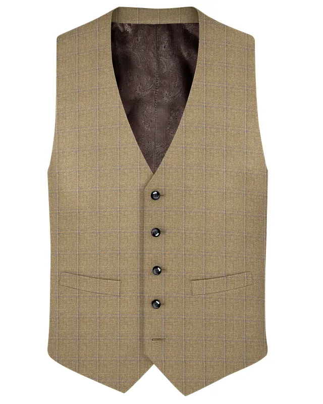Makara Brown Checkered and Tortilla Brown Wool Rich Waistcoat sold by French Crown