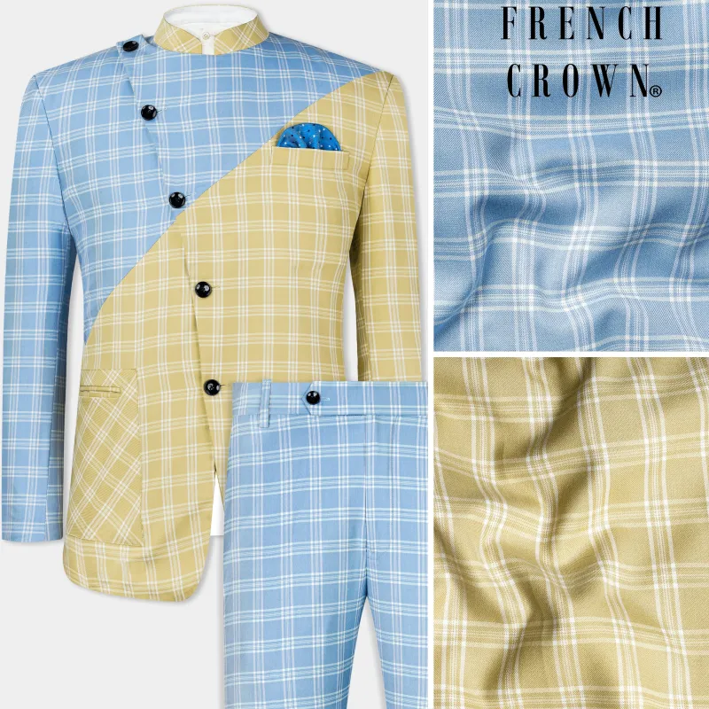 Casper Blue and Brandy Brown Plaid Wool Rich Cross Placket Bandhgala Designer Suit sold by French Crown