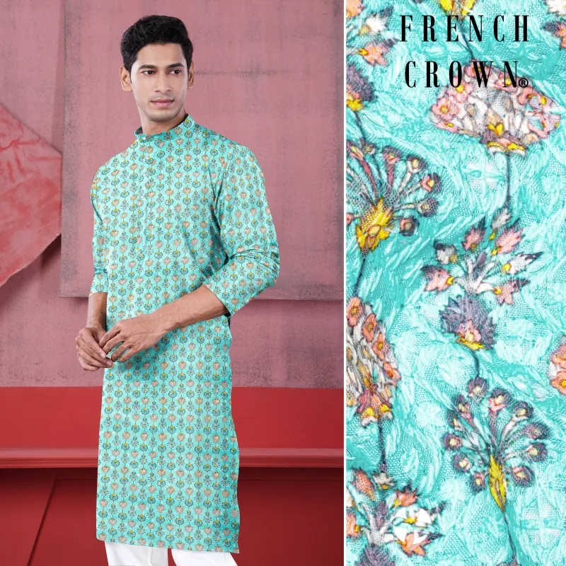Aquamarine Blue And Tangerine Peach Designer Thread Embroidered Kurta sold by French Crown