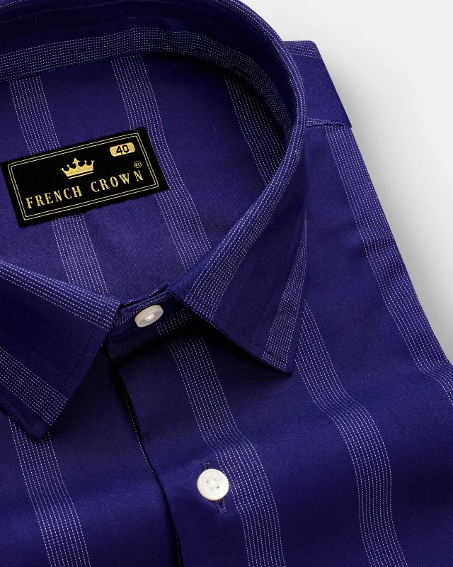 Royal-Indigo Blue Stripes Dobby Textured Premium Giza Cotton Dress Shirt sold by French Crown