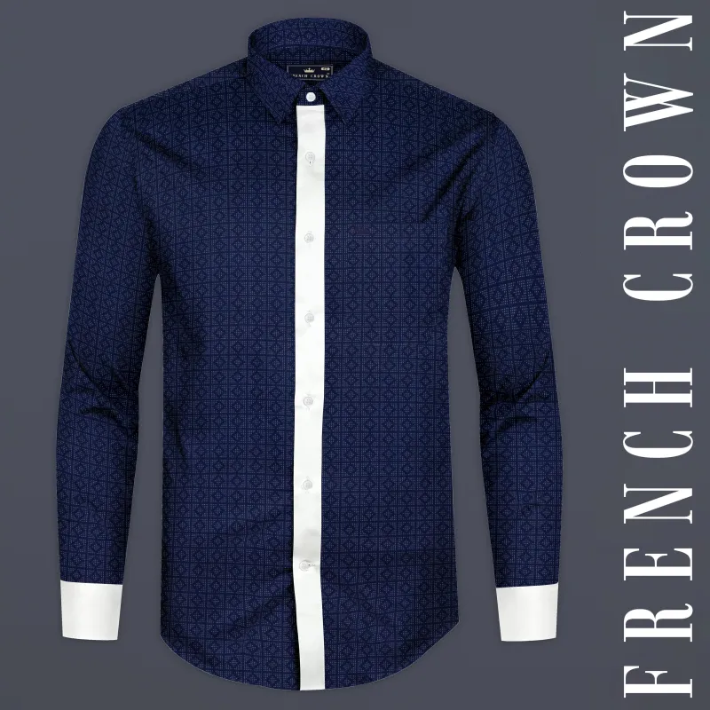 Stratos Blue Geometric Printed Poplin Giza Cotton Designer Shirt sold by French Crown