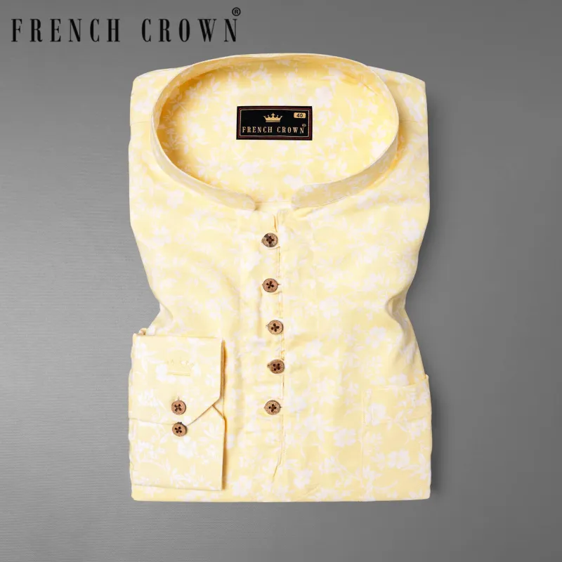 Astra Yellow Floral Printed Premium Tencel Shirt sold by French Crown