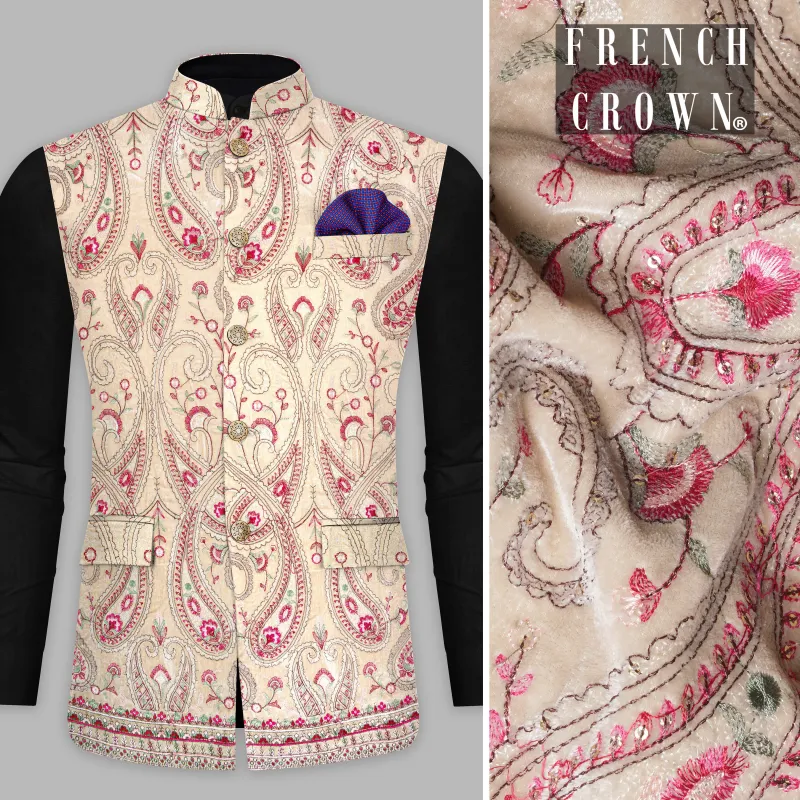 Bisque Brown and Cardinal Pink Floral Thread Embroidered Nehru Jacket sold by French Crown