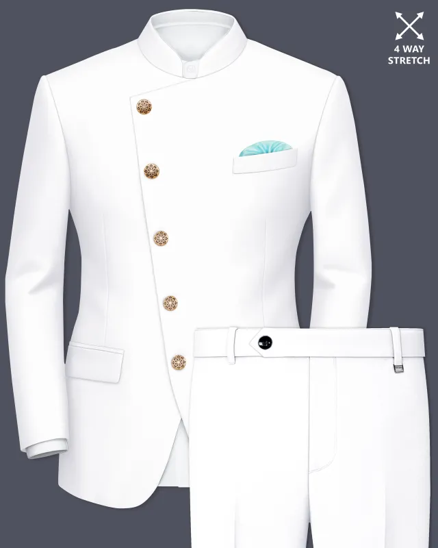 Shiro-Japanese Bright White 4-Way Stretch Wrinkle-Free Wool Rich Cross Placket Bandhgala Suit sold by French Crown
