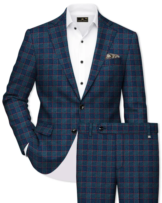 Panevoro-Vintage Blue Windowpane Premium Cotton Single Breasted Suit made by French Crown