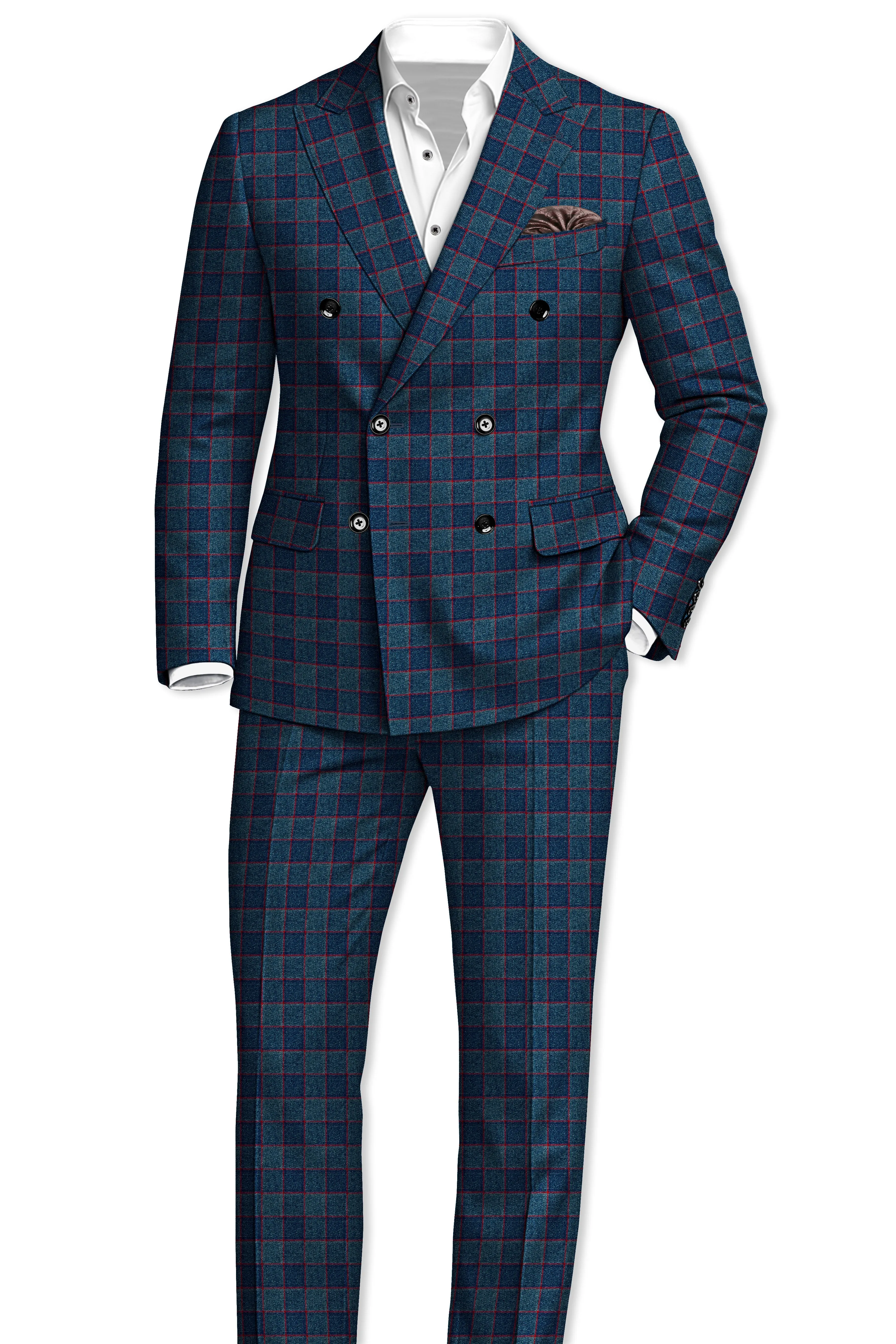 Panevoro-Vintage Blue Windowpane Premium Cotton Double Breasted Suit sold by French Crown product image thumbnail 4