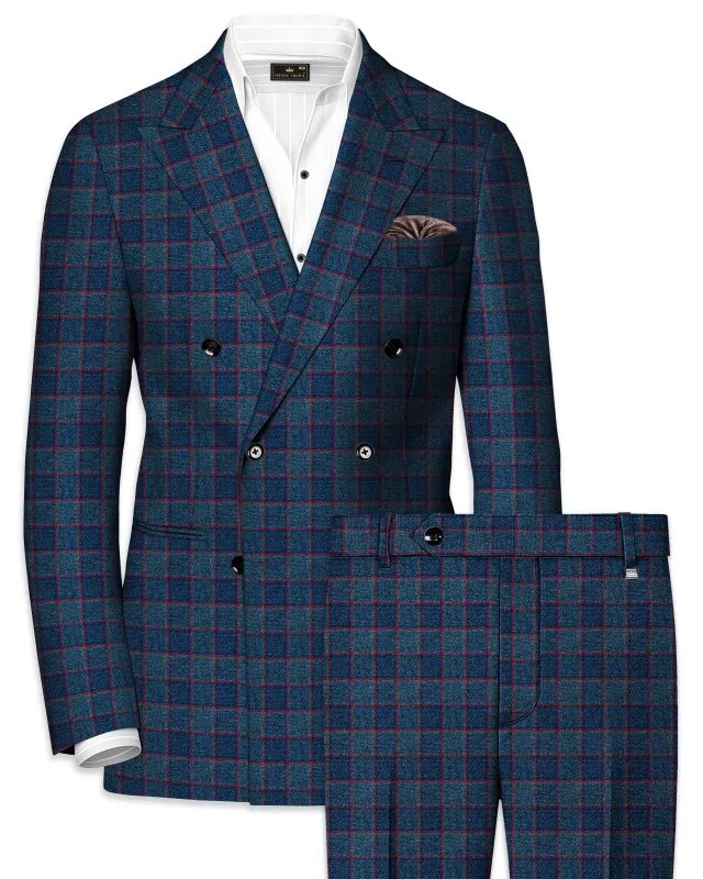 Panevoro-Vintage Blue Windowpane Premium Cotton Double Breasted Suit made by French Crown