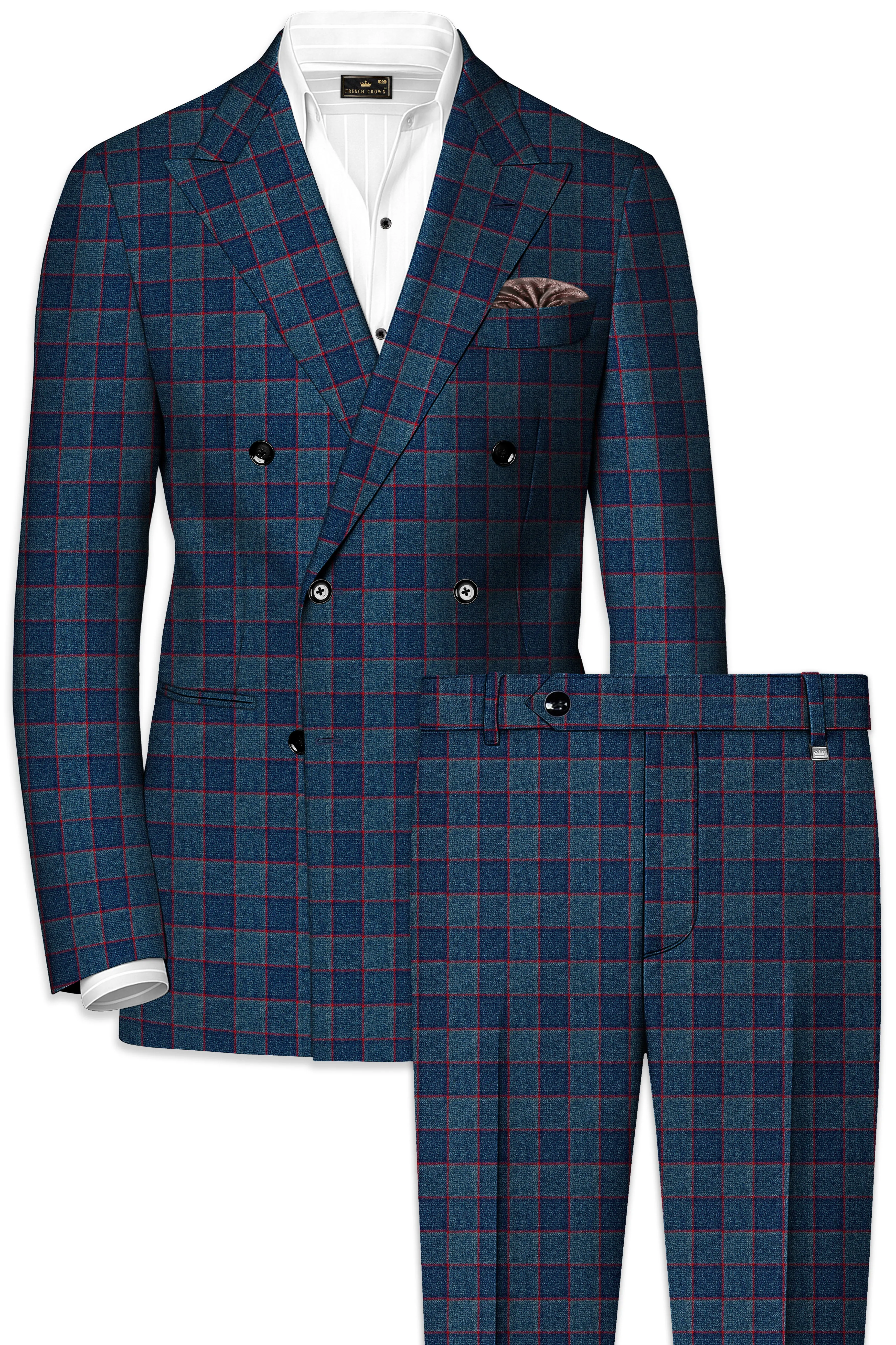 Panevoro-Vintage Blue Windowpane Premium Cotton Double Breasted Suit sold by French Crown product image thumbnail 2
