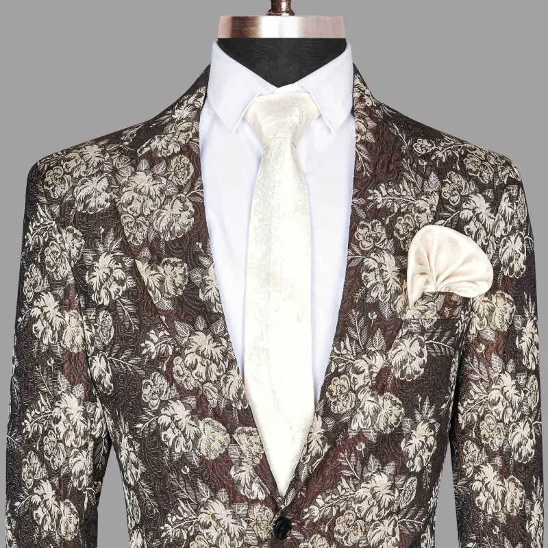 Brown with Cream Flower Jacquard Premium Designer Blazer made by French Crown