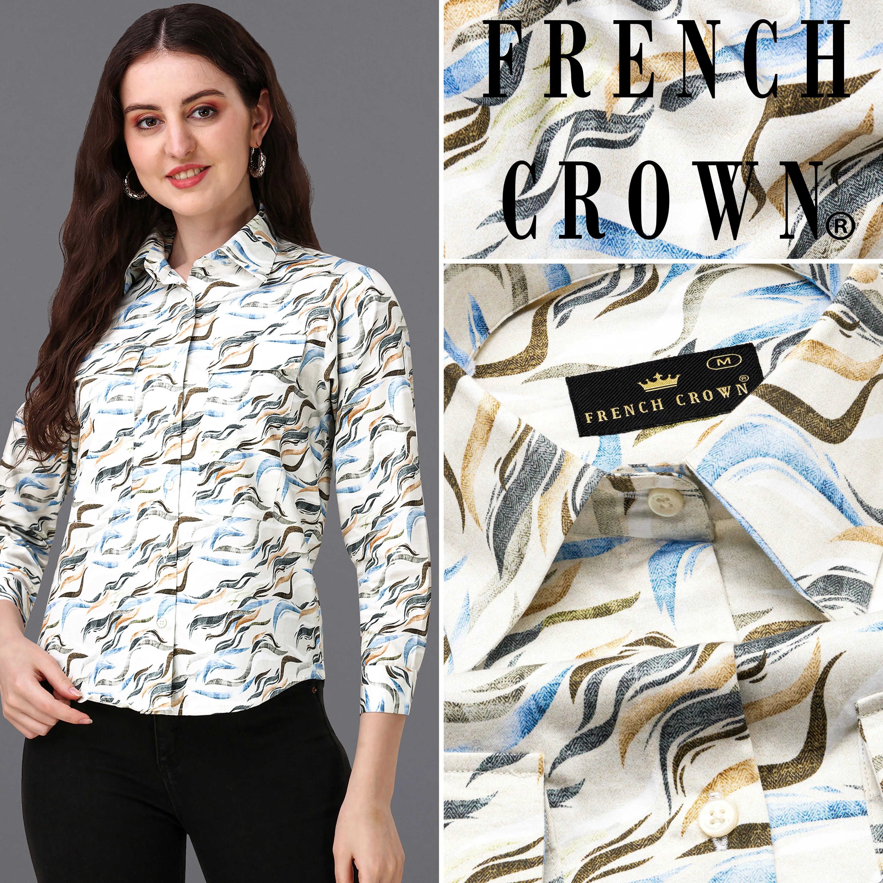 Platinum Cream With Multicolour Printed Super Soft Premium Cotton Women’s Shirt sold by French Crown