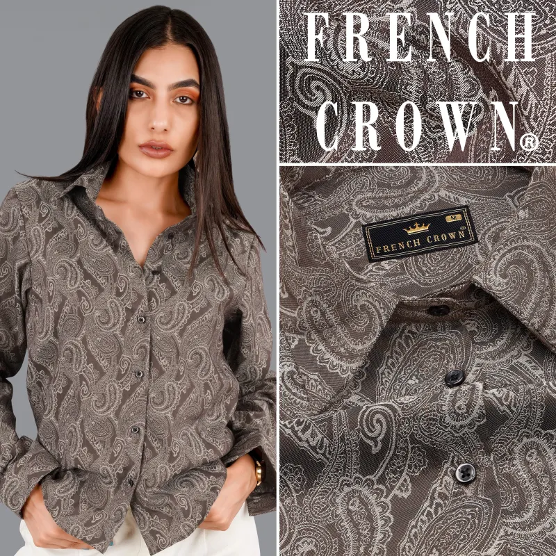 Wenge Brown with Turkey Cream Paisley Printed Premium Cotton Shirt sold by French Crown